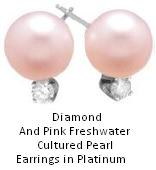 Diamond And Pink Freshwater Cultured Pearl Earrings in Platinum Pearls