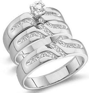 10k White Gold His and Hers Trio 3 Three Ring Bridal Matching Engagement Wedding Ring Band Set Round Diamonds Solitaire Center Setting Mens Jewlery