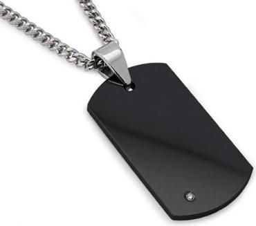 Mens Black Tungsten Carbide Dog Tag with Diamond 22 Inches Steel Curb Link Chain Mens Jewlery