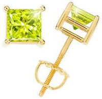 Male Earrings Princess Cut 14K Yellow Gold Stud Earrings with Greenish Yellow Diamond Male Earrings