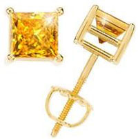 Male Earrings Princess Cut 18K Yellow Gold Stud Earrings with Orange Yellow Diamond Male Earrings
