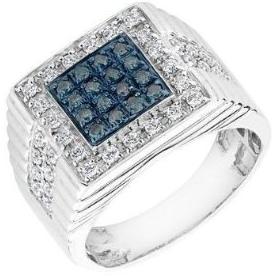 Mens Silver Rings Mens Sterling Silver Diamond and Blue Diamond Ring Mens Silver Rings