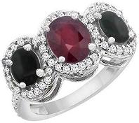 14K White Gold Natural High Quality Ruby & Black Onyx 3-Stone Ring Oval Diamond Accent
