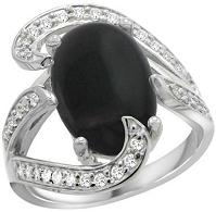 14k White Gold Natural Black Onyx Ring Oval With Diamond Accent