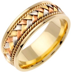 14k 3-tone Gold with Tri-color Stain Basket Weave and Rope Accent. 8.5mm Width Comfort Fit Unisex Wedding Band