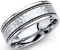 14k White Gold Polished Satin 8MM Handmade Hammered Center Comfort Fit Wedding Band Ring