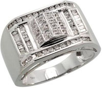 14k White Gold Mens Diamond Ring with 0.59 Carat Baguette & Brilliant Cut Diamonds