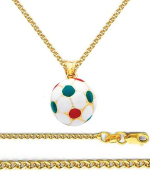 14K Yellow Gold Medium Soccer Ball Enamel Charm Pendant with Yellow Gold 1.5mm Flat Open wheat Chain Necklace