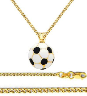 14K Yellow Gold Medium Soccer Ball Enamel Charm Pendant with Yellow Gold 1.5mm Flat Open wheat Chain Necklace