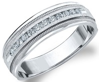 14K White Gold Diamond Men's Satin Finish Milgrain Band