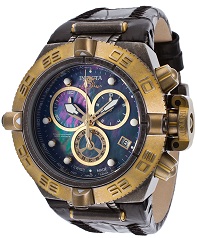 Mens Subaqua Chrono Black Leather Black MOP Dial 18K Gold Plated Case Invicta Watch