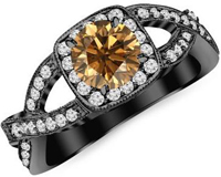 14K Black Gold Twisting Split Shank Modern Contemporary Halo Champagne Diamond Engagement Ring