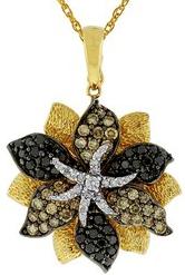 Black Champagne White Diamond Flower Necklace in 14k Yellow Gold With 14k Yellow Gold Chain