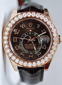 Rolex Sky Dweller Rose Gold Brown Leather Watch With Diamonds