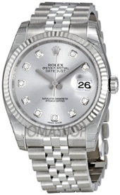 Rolex Datejust Rhodium Diamond Dial 18kt White Gold Fluted Mens Watch