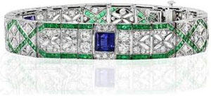 Art Deco Platinum and Diamond Bracelet With 3 Central Sapphires and Calibre Emeralds