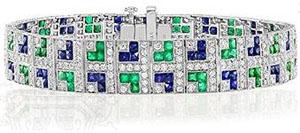 Art Deco Style Platinum French Cut Sapphire and Emerald and Diamond Bracelet