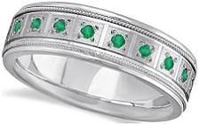 Green Emerald Wedding Band for Men Pave Eternity Ring 14k White Gold