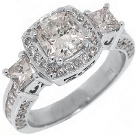 18k White Gold 2.54 Carats Cushion Cut Past Present Future 3 Stone Diamond Ring