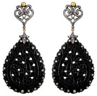 14k Gold 925 Sterling Silver 77.44Ct Onyx Carved Diamond Dangle Earrings