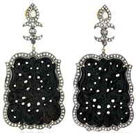 18kt Gold Diamond Pave Black Onyx Carved Dangle Earrings Silver Handmade Jewelry