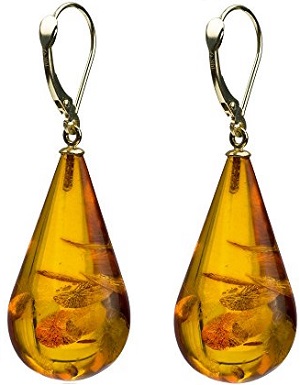 14k Gold Amber Drop Leverback Earrings