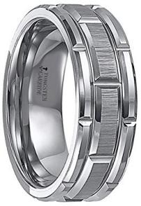 Matte Brushed Finish Center Tungsten Carbide Wedding Band With Alternating Polished Grooves Comfort Fit Lightweight