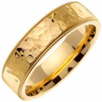 Top Flat Hammered Finish Comfort Fit Mens Gold Wedding Bands in 14K Yellow Gold