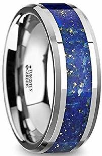 Polished Finish Tungsten Carbide Wedding Ring with Blue Lapis Inlay and Polished Beveled Edges