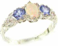 14k White Gold Real Genuine Opal and Tanzanites Womens Band Ring