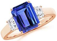 December Birthstone - Three Stone Emerald-Cut Tanzanites and Diamond Ring for Women