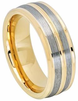 Beveled Edge Brown & Rose Gold Ion Plated Grooved Brushed Center High Polished Mens Tungsten Carbide Wedding Bands