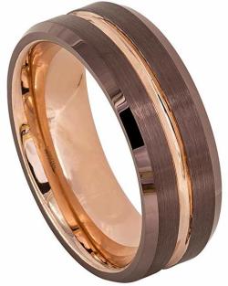 8mm 2 Tone Low Beveled Edge High Polished Yellow Gold Ion Plated Mens Tungsten Carbide Wedding Band
