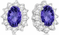 2.05ctw Kate Middleton Fashion Natural Oval-Cut Tanzanite and Diamond Accented Stud Earrings 14k White Gold