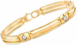 14K Yellow And White Gold Shiny Mens Fancy Bracelet Nail Head with Lobster Clasp