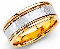 Wedding Band Solid 14k Yellow White Gold Braided Ring Rope Edge Hammered Mens Two Tone