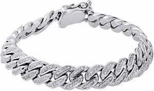 10K White Gold Round Pave Set Diamond Men's Curb Cuban Link Bracelet 2 Cttw