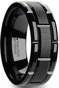 Beveled Black Tungsten Carbide Wedding Band with Brush Finished Center and Alternating Grooves - 8 mm