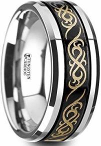 Black Tungsten Carbide Wedding Ring with Dual Offset Grooves and Laser Engraved Celtic Pattern Polished and Beveled Edges - 9mm