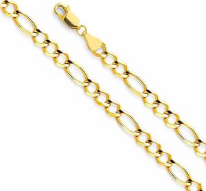 14k Yellow Gold Solid Men's 5.5mm Figaro 3+1 Open Chain Bracelet with Lobster Claw Clasp