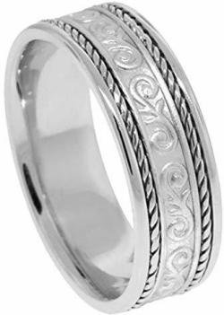 Mens White Gold Wedding Bands 14k Gold Floral 7mm Comfort Fit