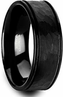 Hammered Finish Center Black Tungsten Carbide Wedding Band with Dual Offset Grooves and Polished Edges - 8 mm