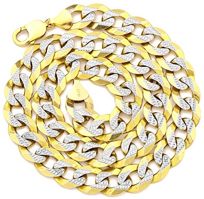 LoveBling 10K Yellow Gold 14mm Solid Pave Two-Tone Curb Chain Necklace with White Gold Pave Diamond Cut With Lobster Lock