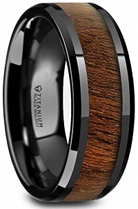 Black Titanium Wedding Ring with Walnut Wood Inlay and Polished Beveled Edges Comfort Fit Lightweight Durable Wooden Wedding Band