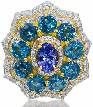 925 Sterling Silver Women Ring London Blue Topaz Tanzanite and White Zircon Gemstone Stud with Yellow Gold Tone