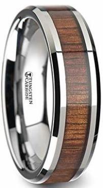 Mens Tungsten Carbide Wedding Bands With Koa Wood Inlay and Polished Beveled Edges