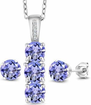 2.34 Ct Blue Tanzanite White Diamond 925 Sterling Silver Pendant Earrings Set