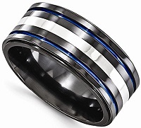 Black Titanium With Sterling Silver & Blue Anodized Groove 10mm Wedding Band