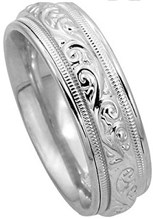 Men's 14k White Gold Floral 7mm Comfort Fit Wedding Band