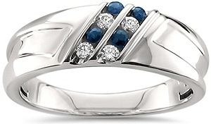 14k White Gold Round Diamond & Blue Sapphire Comfort Fit Men's Wedding Band Ring